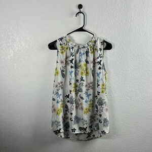 LOFT Women’s Floral Print Sleeveless Blouse Gray Yellow Blue Sz L Flowy Ruffle